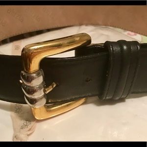 Aluzia Black Leather Belt with gold/silver buckle.